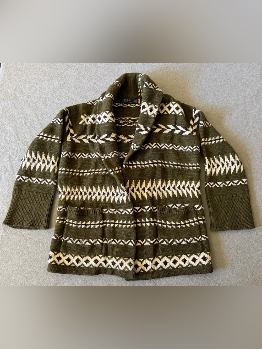 Polo Ralph Lauren Women Medium Fair Isle Belted Cardigan Olive Wool Linen Preppy - Picture 5 of 9